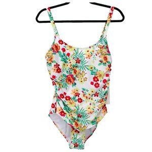 Nicole Miller One Piece Swimsuit M Stretch White Floral Tropical Swim Resort
